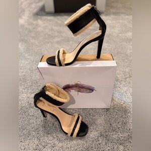 NWT- Jessica Simpson- Women's Black Cylia Fleece Trimmed Heeled Sandals-Size 8